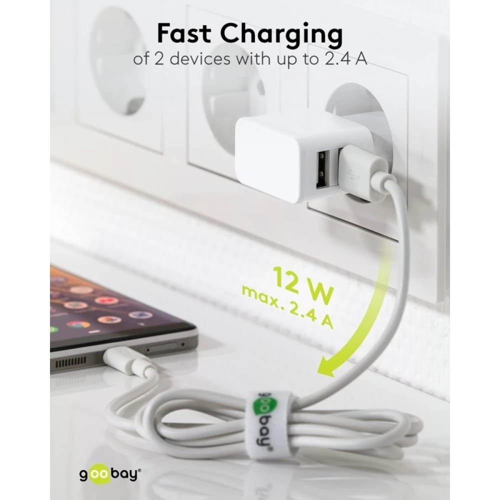 Chargeur mural double Goobay 12W USB-A adaptateur secteur USB compact - Blanc