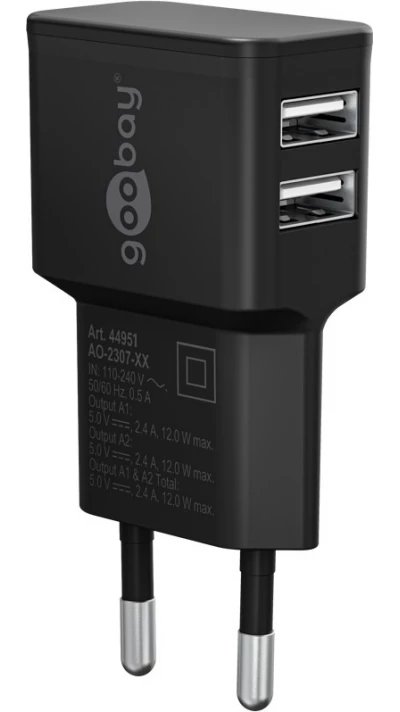 Chargeur mural double Goobay 12W USB-A adaptateur secteur USB compact - Noir