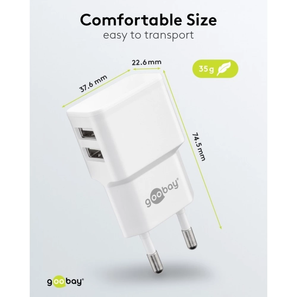 Chargeur mural double Goobay 12W USB-A adaptateur secteur USB compact - Noir