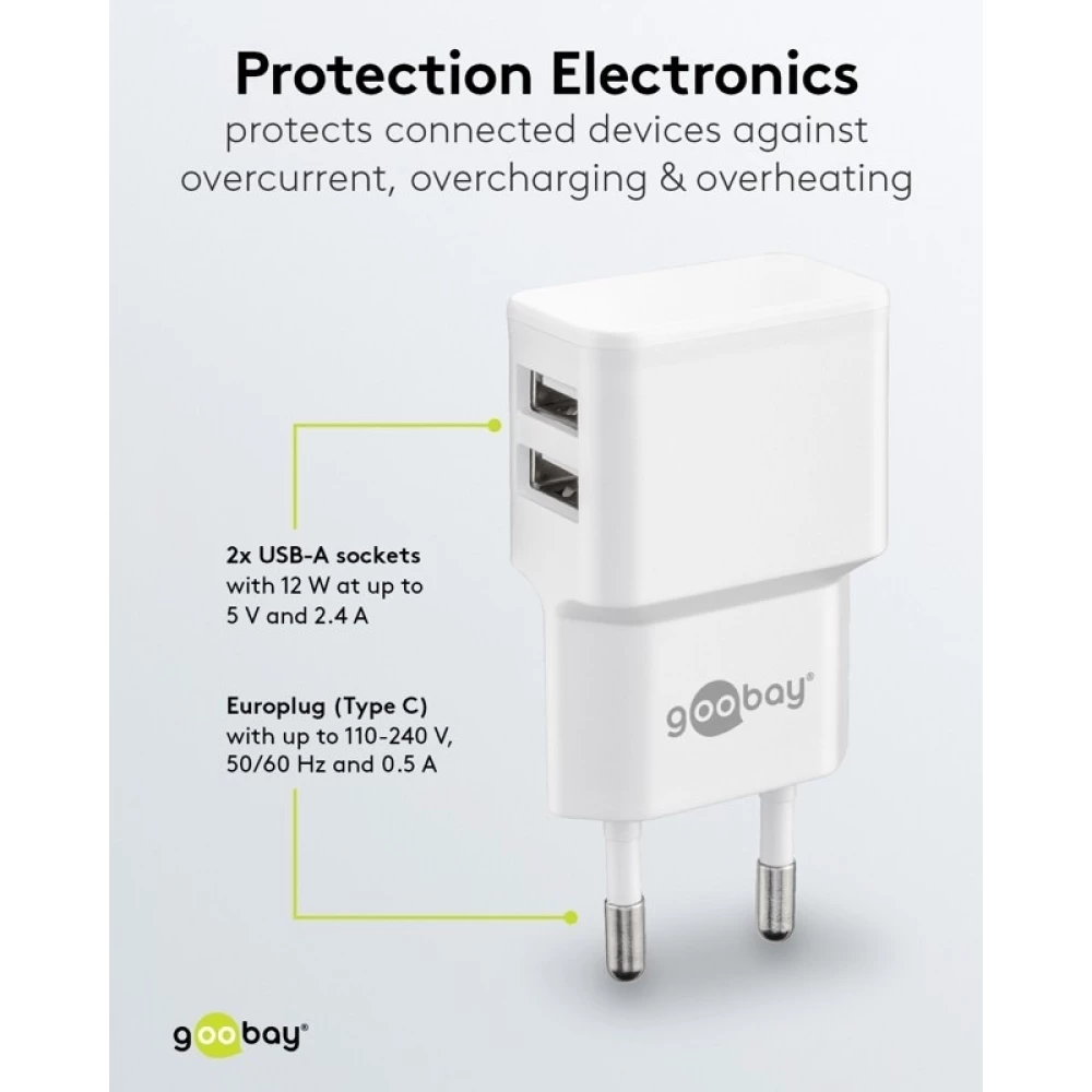 Chargeur mural double Goobay 12W USB-A adaptateur secteur USB compact - Noir
