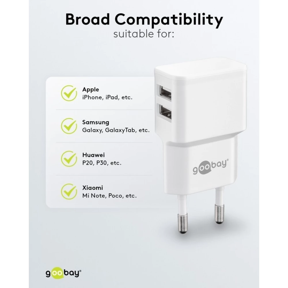 Chargeur mural double Goobay 12W USB-A adaptateur secteur USB compact - Noir