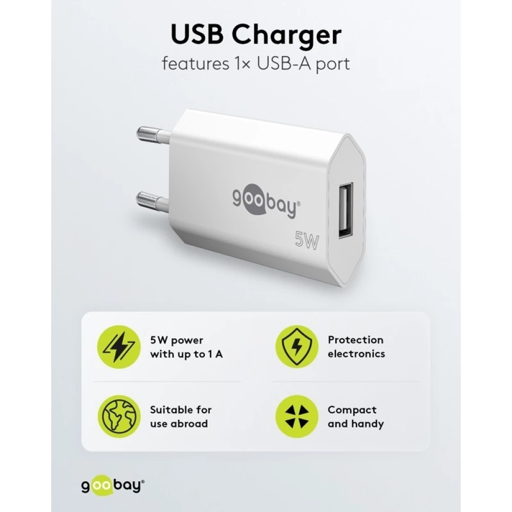 Chargeur mural Goobay 5W USB-A adaptateur secteur USB compact - Noir