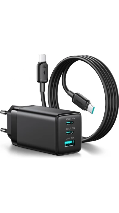 Chargeur mural Joyroom JR-TG10 65W GaN charge rapide 2x USB-C + USB-A avec c&acirc;ble USB-C 100W 1.2m - Noir
