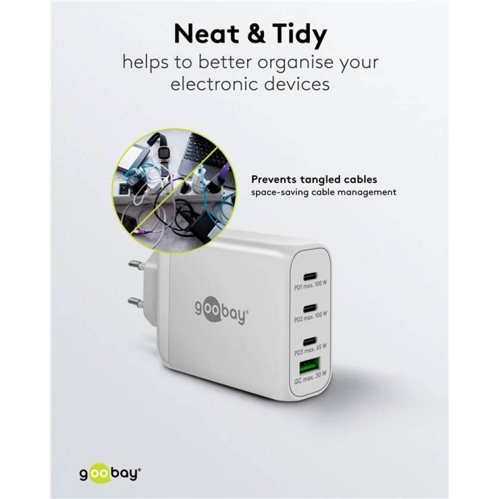 Chargeur rapide Goobay 100W GaN USB-C Power Delivery et USB-A adaptateur multiport - Blanc