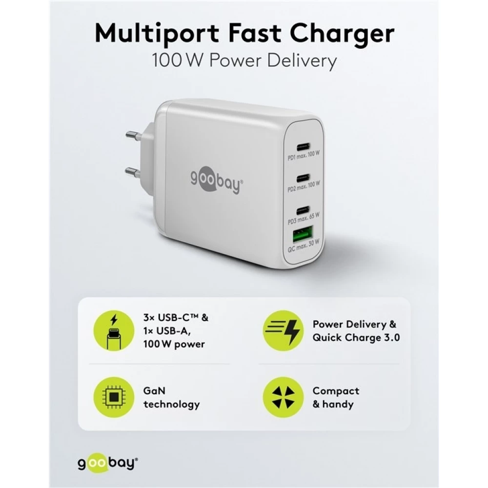 Chargeur rapide Goobay 100W GaN USB-C Power Delivery et USB-A adaptateur multiport - Blanc