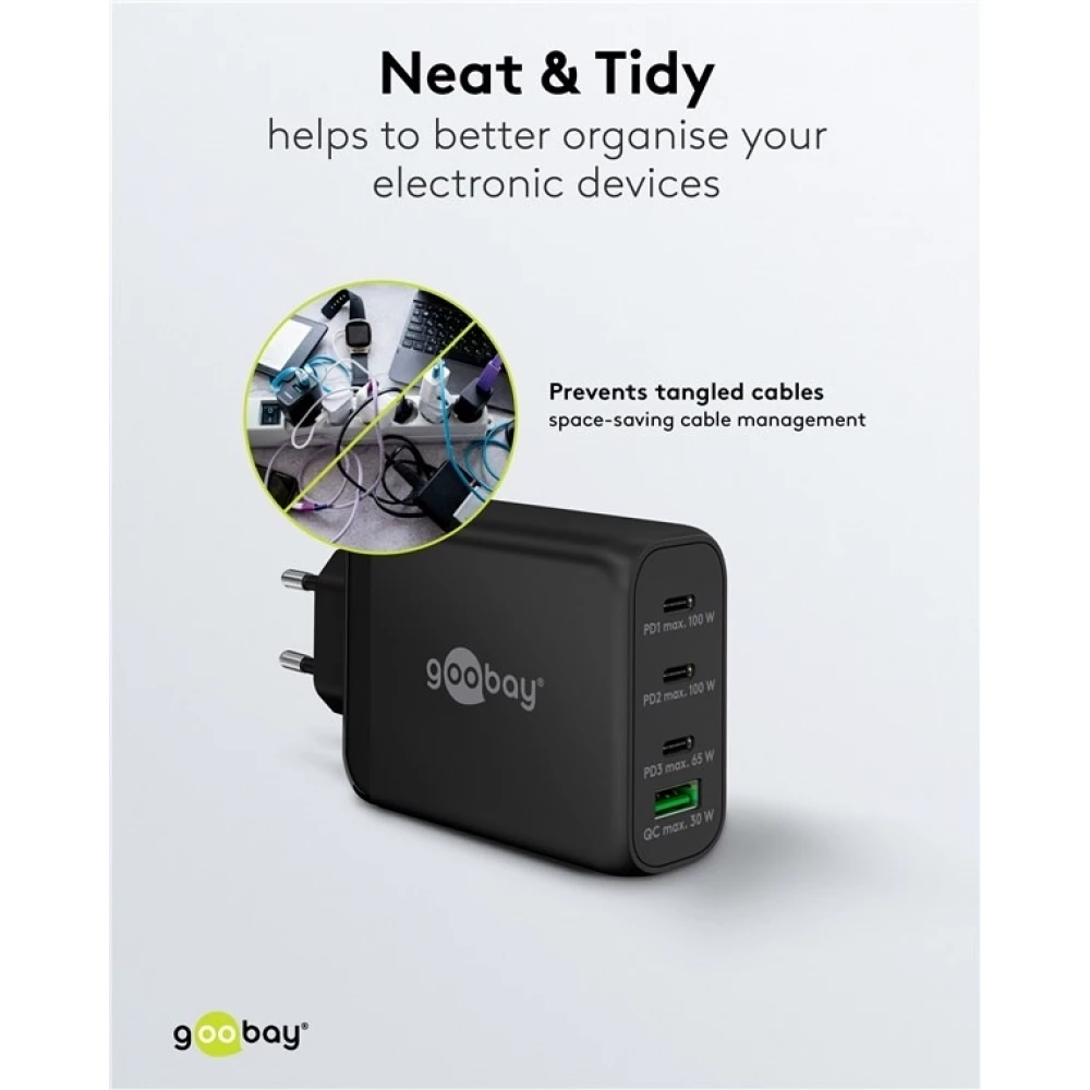 Chargeur rapide Goobay 100W GaN USB-C Power Delivery et USB-A adaptateur multiport - Noir