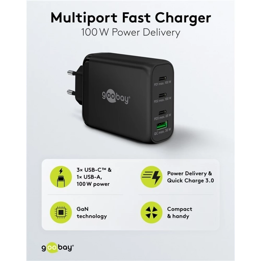 Chargeur rapide Goobay 100W GaN USB-C Power Delivery et USB-A adaptateur multiport - Noir