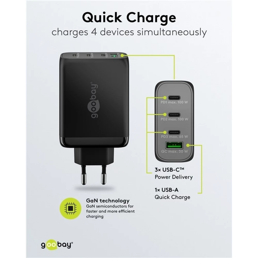 Chargeur rapide Goobay 100W GaN USB-C Power Delivery et USB-A adaptateur multiport - Noir