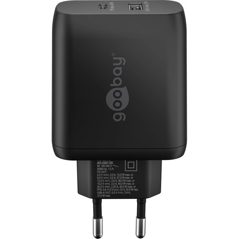 Chargeur rapide Goobay 45W GaN USB-C Power Delivery et USB-A adaptateur mural - Noir