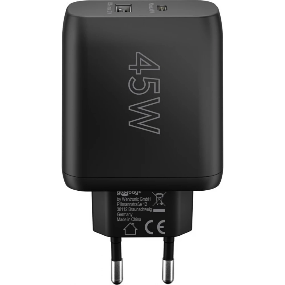 Chargeur rapide Goobay 45W GaN USB-C Power Delivery et USB-A adaptateur mural - Noir