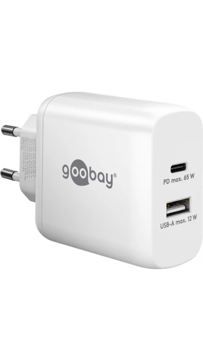 Chargeur rapide Goobay 65W GaN USB-C Power Delivery et USB-A adaptateur mural - Blanc