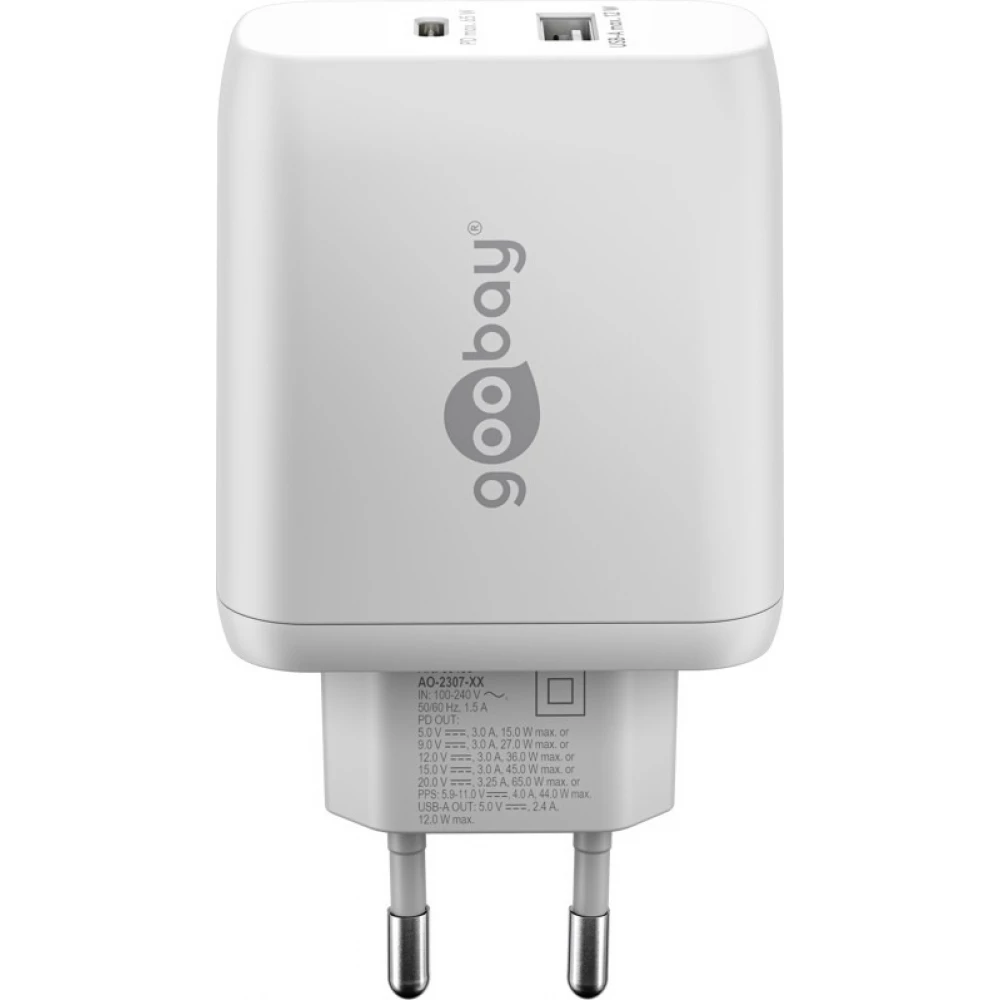 Chargeur rapide Goobay 65W GaN USB-C Power Delivery et USB-A adaptateur mural - Blanc