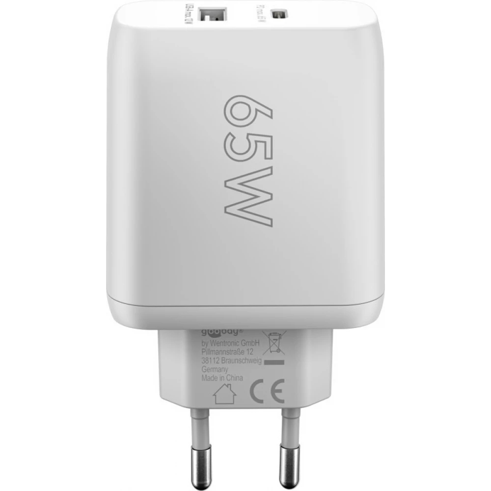 Chargeur rapide Goobay 65W GaN USB-C Power Delivery et USB-A adaptateur mural - Blanc
