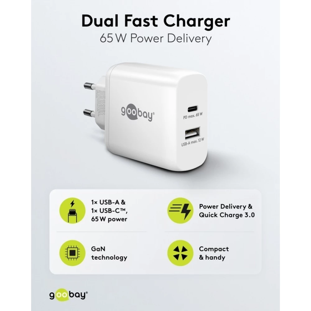 Chargeur rapide Goobay 65W GaN USB-C Power Delivery et USB-A adaptateur mural - Blanc