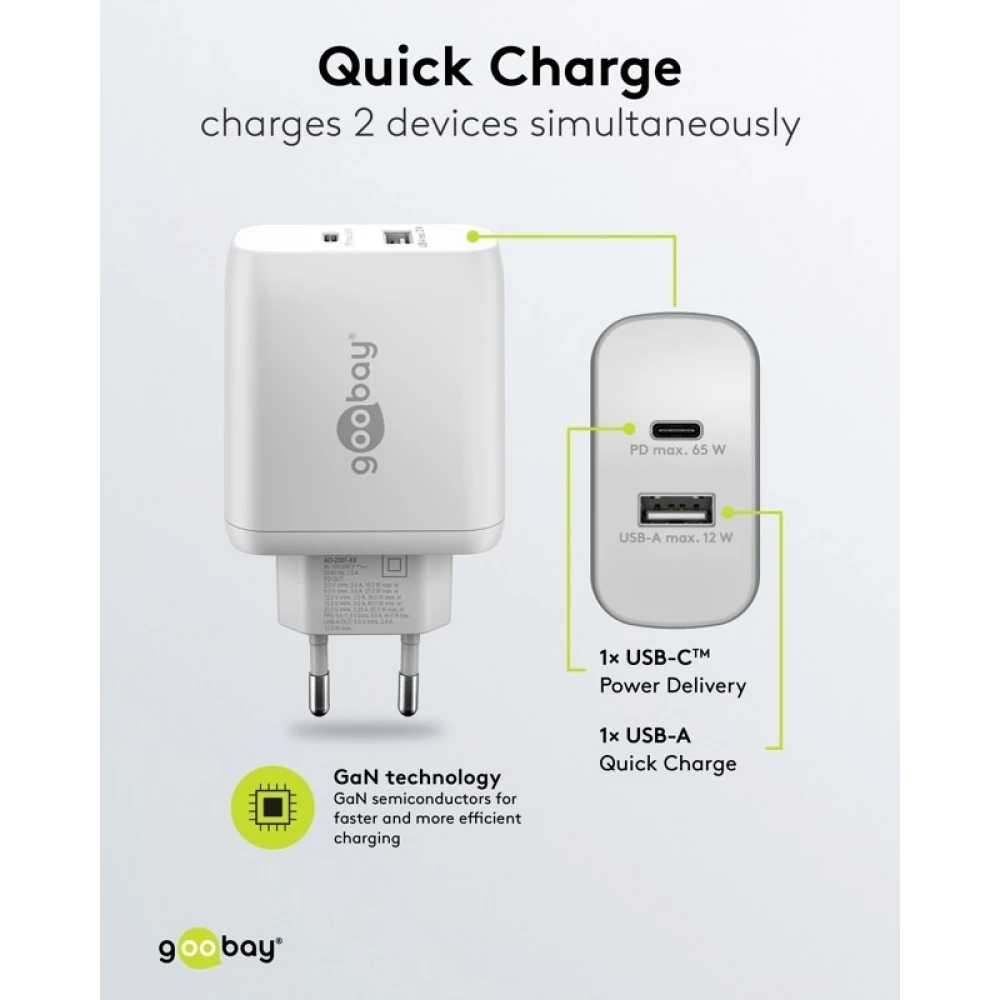 Chargeur rapide Goobay 65W GaN USB-C Power Delivery et USB-A adaptateur mural - Blanc