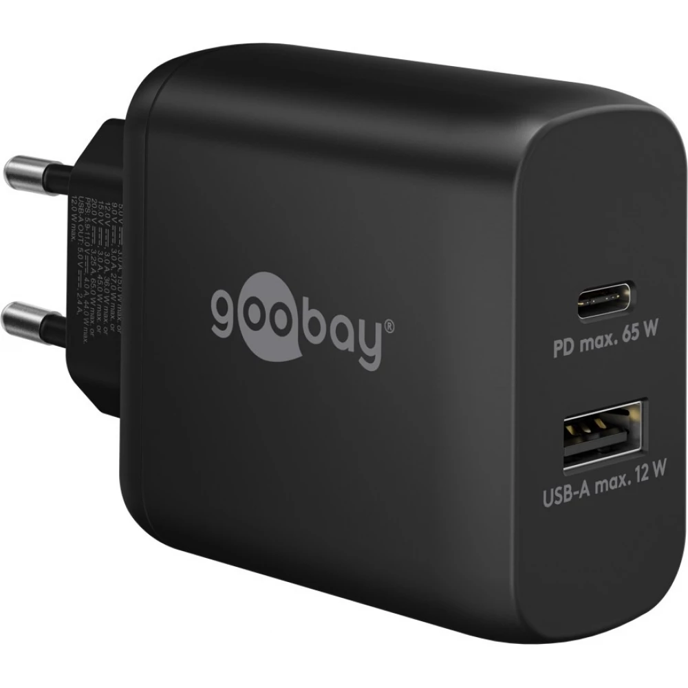 Chargeur rapide Goobay 65W GaN USB-C Power Delivery et USB-A adaptateur mural - Noir