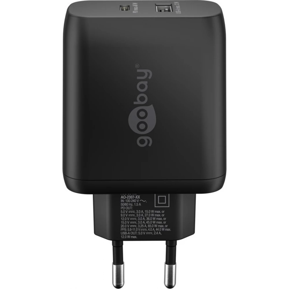 Chargeur rapide Goobay 65W GaN USB-C Power Delivery et USB-A adaptateur mural - Noir