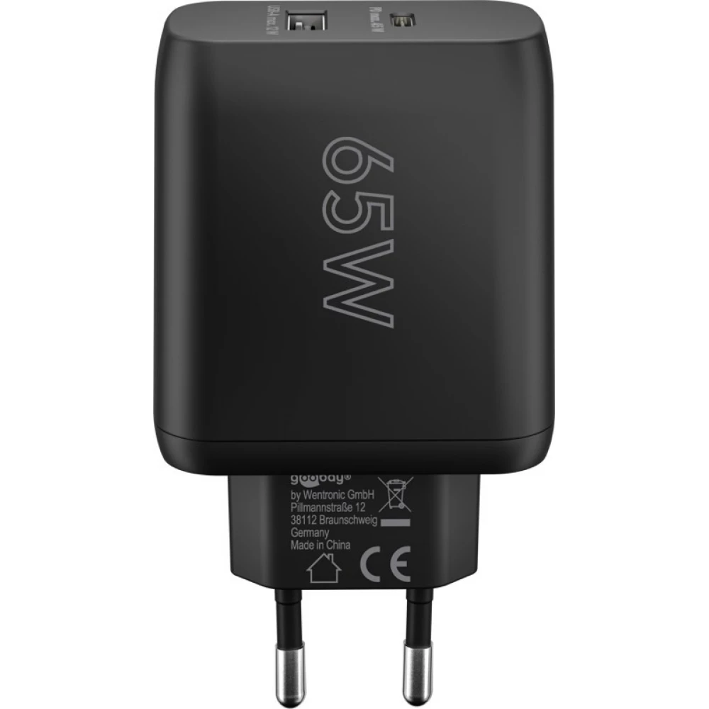 Chargeur rapide Goobay 65W GaN USB-C Power Delivery et USB-A adaptateur mural - Noir