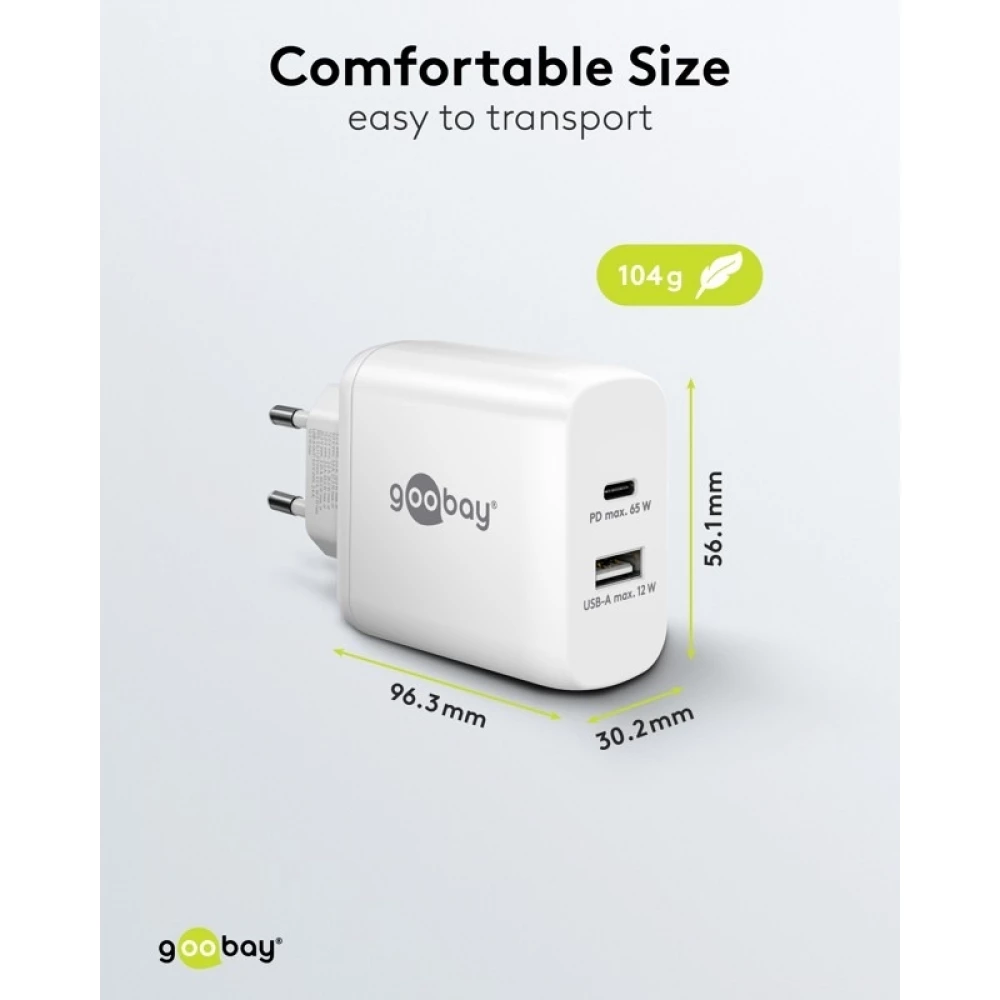 Chargeur rapide Goobay 65W GaN USB-C Power Delivery et USB-A adaptateur mural - Noir
