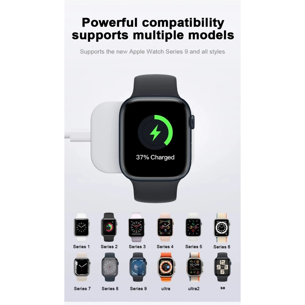 Chargeur rapide magn&eacute;tique USB-C R7 pour Apple Watch &ndash; Station de charge sans fil portable compatible tous mod&egrave;les - Blanc