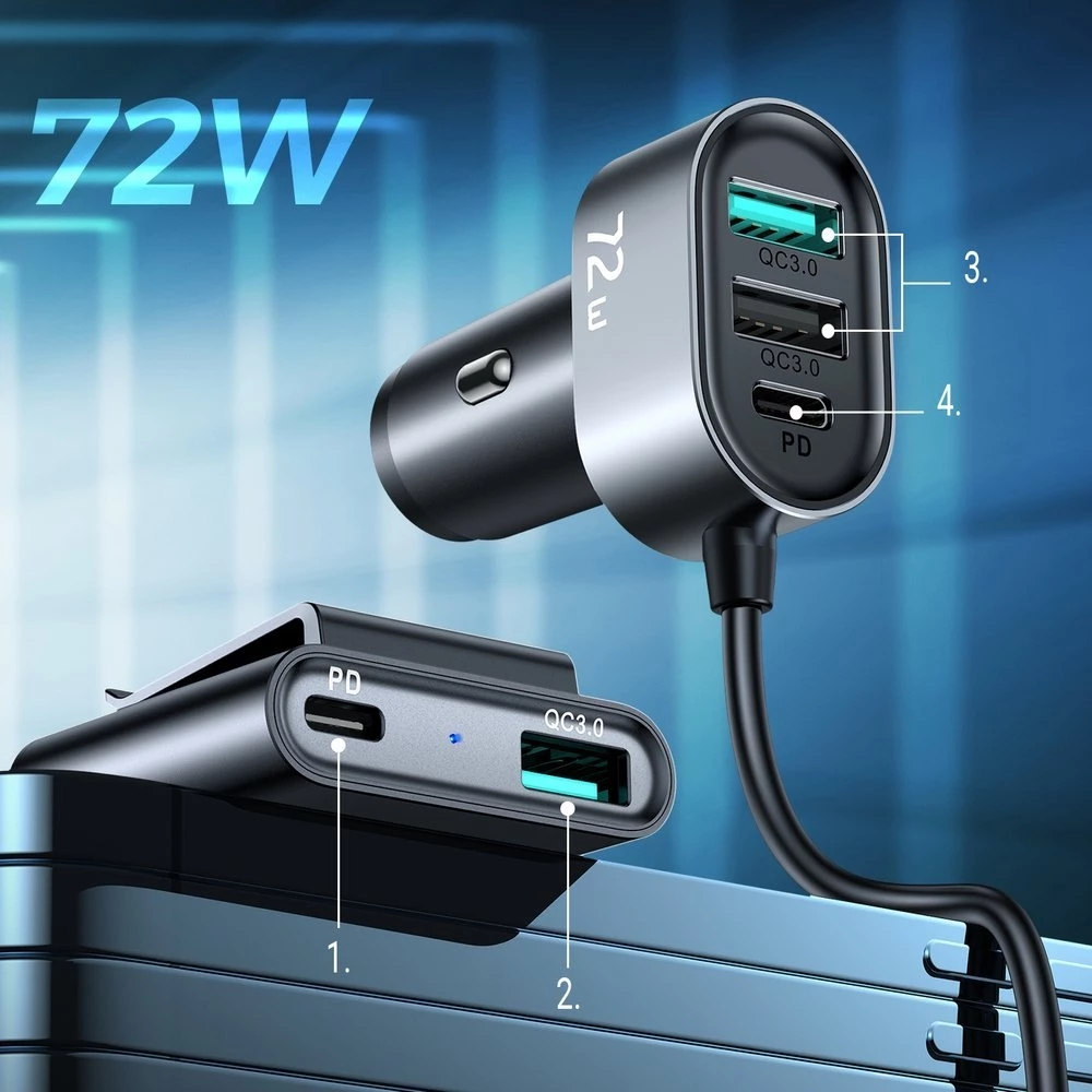 Chargeur rapide voiture Joyroom JR-CL05 78W multi 5 ports (2xPD+3QC3.0) câble 1.5m - Noir