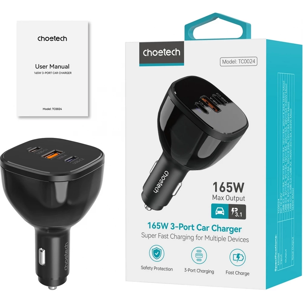 Choetech TC0024 165W Ultra Schneller Auto Ladeger&auml;t mit 2x USB-C PD 3.1 + 1x USB-A Schnellladeanschluss - Schwarz