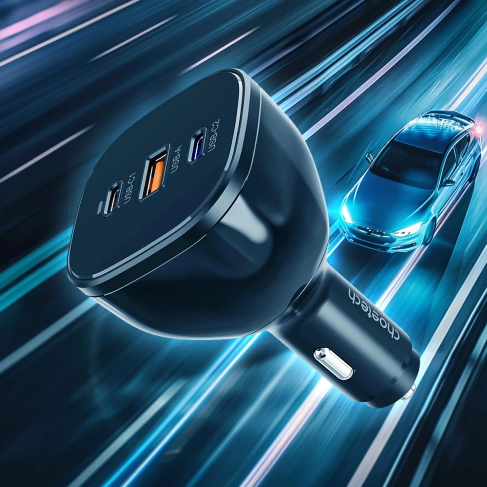 Choetech TC0024 165W Ultra Schneller Auto Ladeger&auml;t mit 2x USB-C PD 3.1 + 1x USB-A Schnellladeanschluss - Schwarz