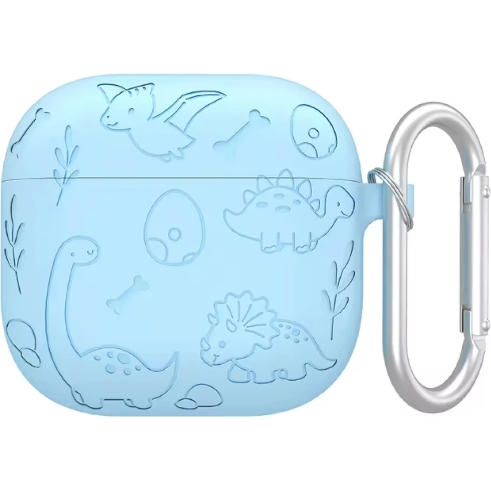 Coque AirPods 4 - Silicone dinosaures et fleurs grav&eacute;s - Bleu