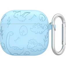 Coque AirPods 4 - Silicone dinosaures et fleurs grav&eacute;s - Bleu