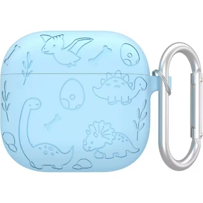 AirPods 4 Case H&uuml;lle - Gravierte Silikon-Dinosaurier und Blumen - Blau