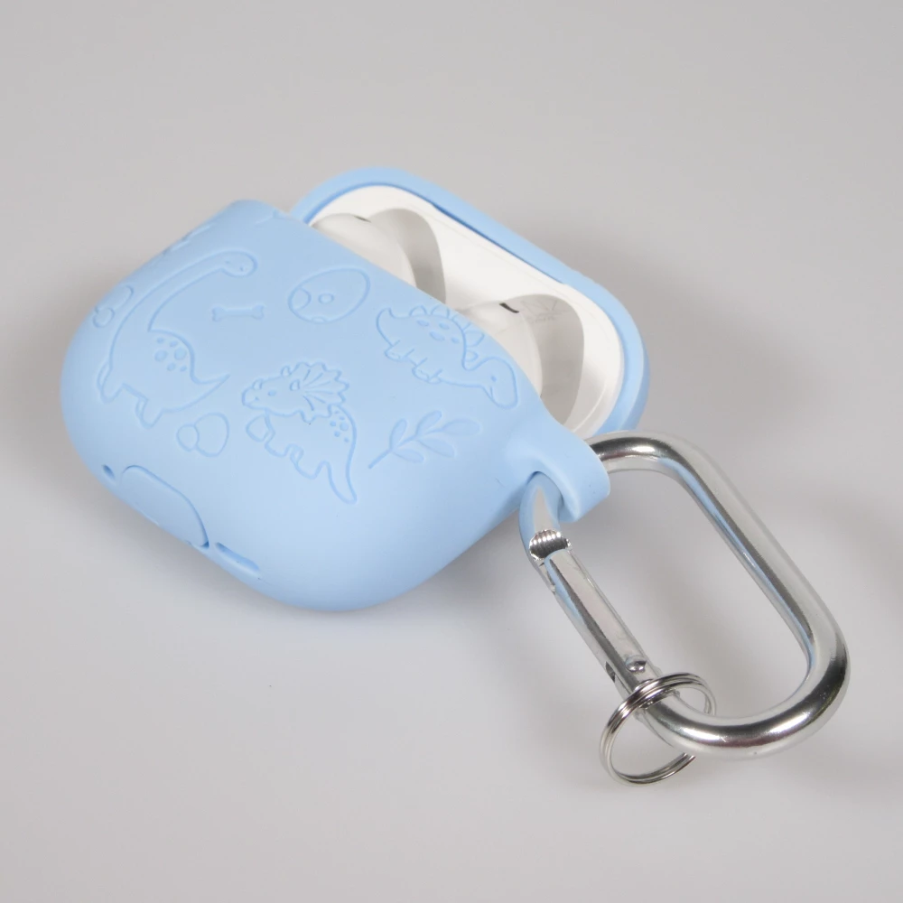 Coque AirPods 4 - Silicone dinosaures et fleurs grav&eacute;s - Bleu