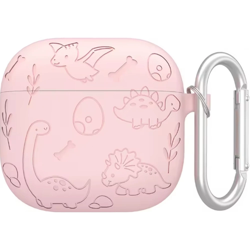 Coque AirPods 4 - Silicone dinosaures et fleurs grav&eacute;s - Rose