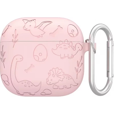 Coque AirPods 4 - Silicone dinosaures et fleurs grav&eacute;s - Rose