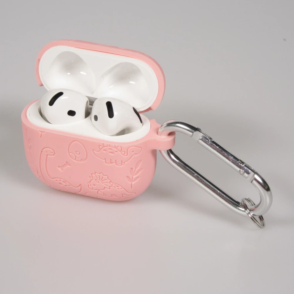 Coque AirPods 4 - Silicone dinosaures et fleurs grav&eacute;s - Rose