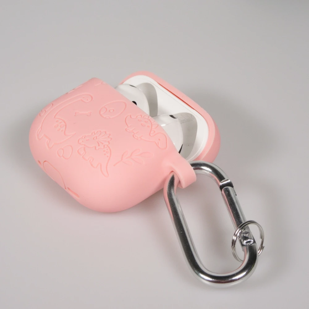 Coque AirPods 4 - Silicone dinosaures et fleurs grav&eacute;s - Rose