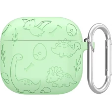 Coque AirPods 4 - Silicone dinosaures et fleurs grav&eacute;s - Vert clair