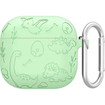 AirPods 4 Case H&uuml;lle - Gravierte Silikon-Dinosaurier und Blumen - Hellgr&uuml;n
