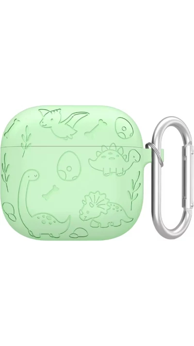 Coque AirPods 4 - Silicone dinosaures et fleurs grav&eacute;s - Vert clair