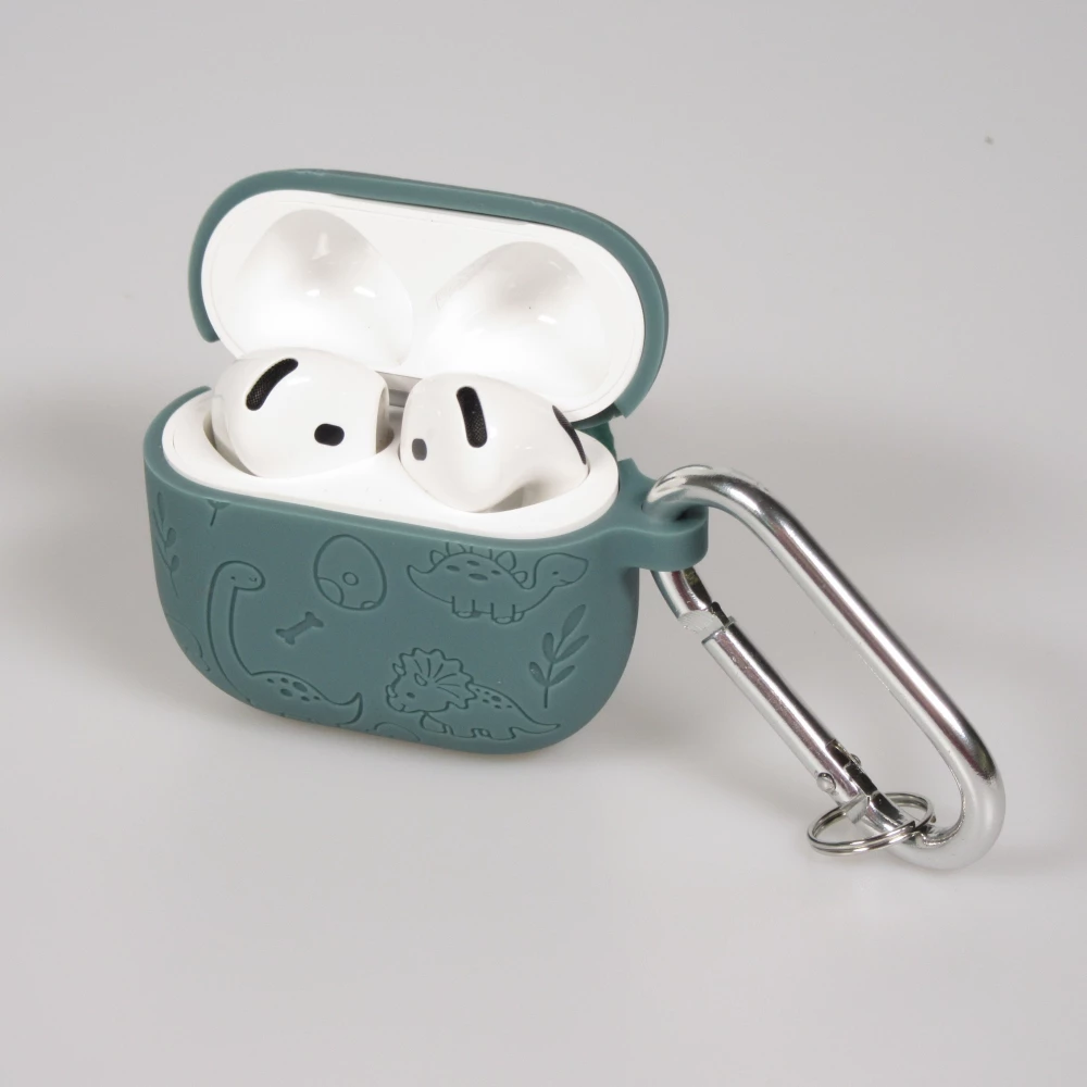 Coque AirPods 4 - Silicone dinosaures et fleurs grav&eacute;s - Vert fonc&eacute;