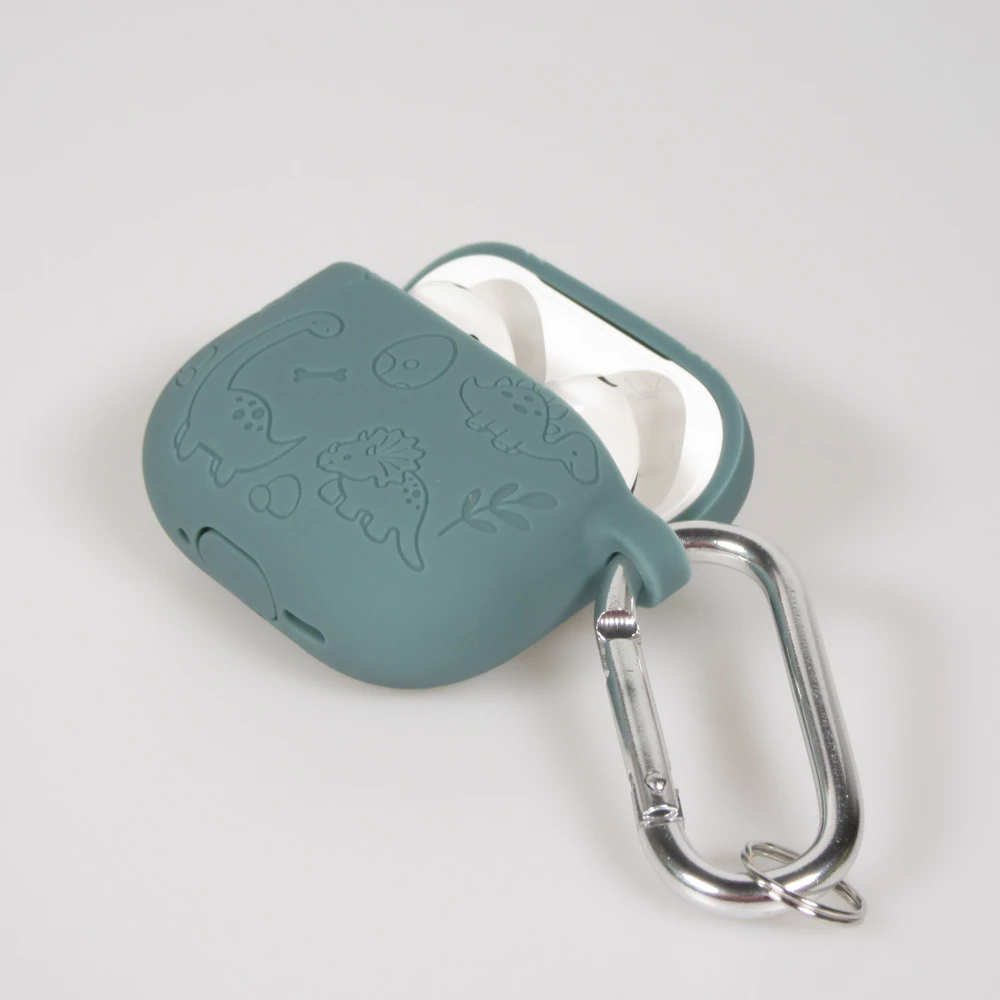 Coque AirPods 4 - Silicone dinosaures et fleurs grav&eacute;s - Vert fonc&eacute;