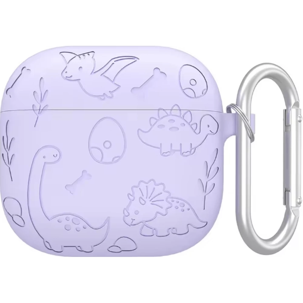 Coque AirPods 4 - Silicone dinosaures et fleurs grav&eacute;s - Violet