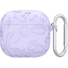 Coque AirPods 4 - Silicone dinosaures et fleurs grav&eacute;s - Violet