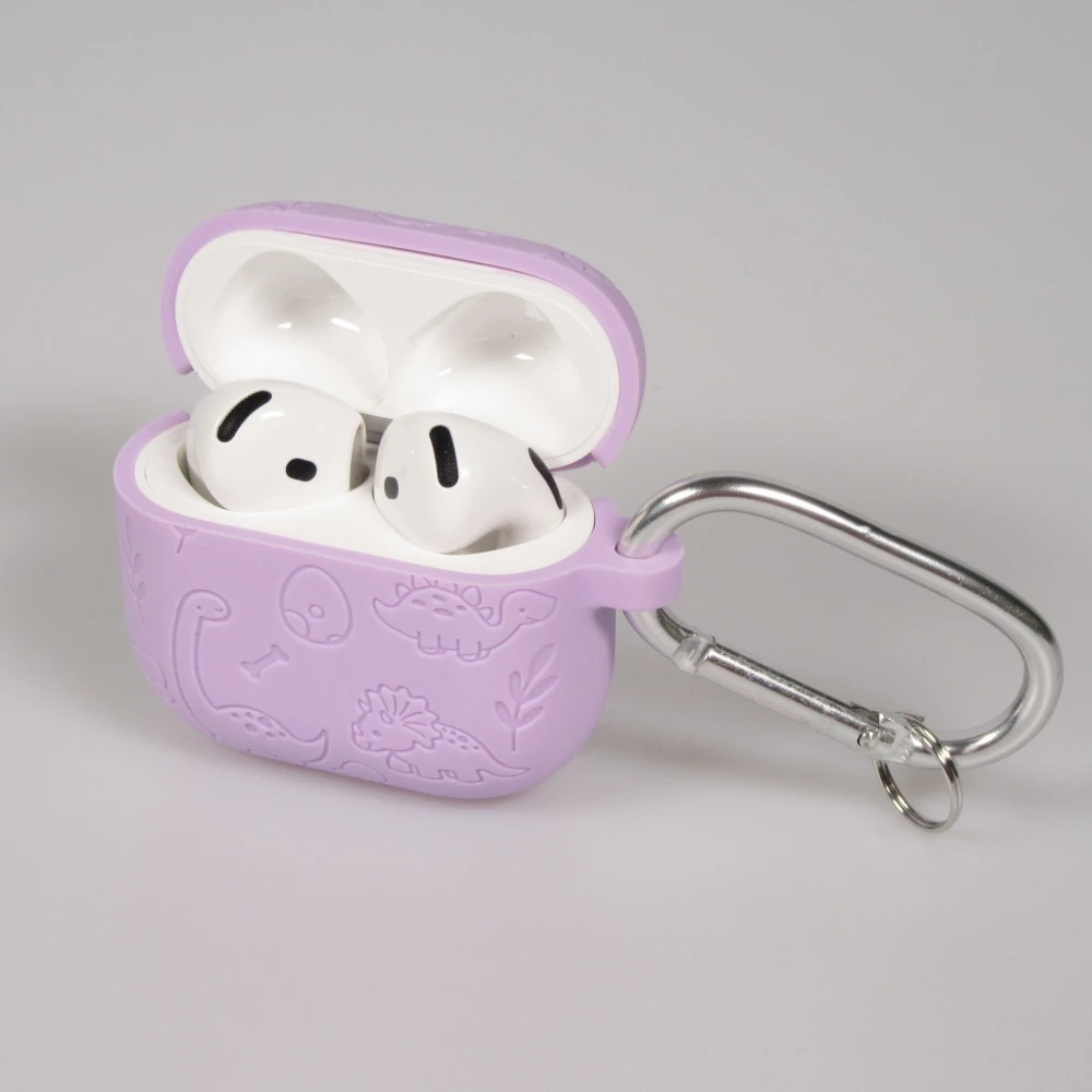 Coque AirPods 4 - Silicone dinosaures et fleurs grav&eacute;s - Violet