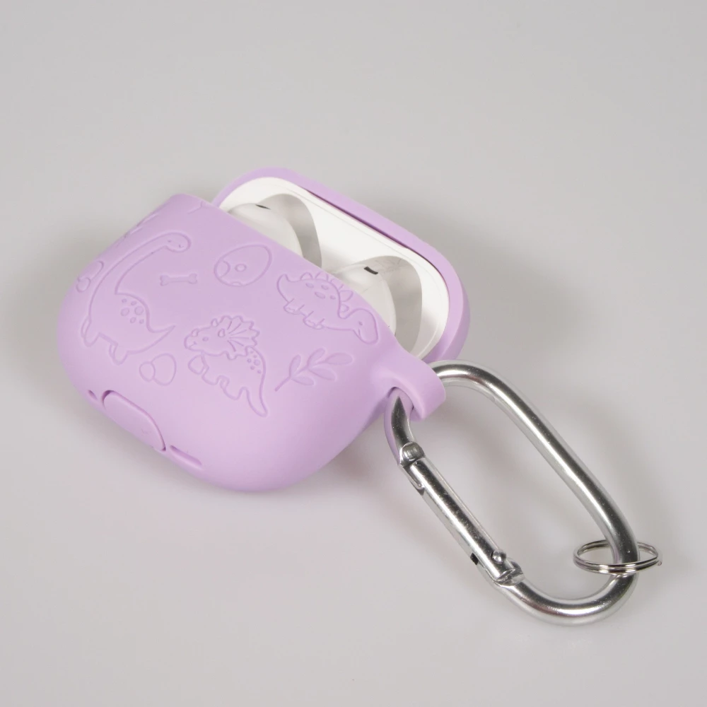 Coque AirPods 4 - Silicone dinosaures et fleurs grav&eacute;s - Violet