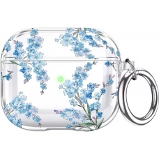 Coque AirPods Pro 3 - Transparente imprimé floral avec porte-clés et protection pour étui de charge en silicone - Bleu