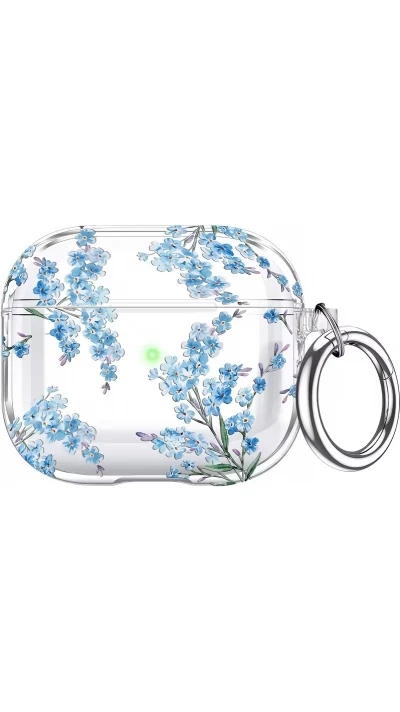 Coque AirPods Pro 3 - Transparente imprimé floral avec porte-clés et protection pour étui de charge en silicone - Bleu