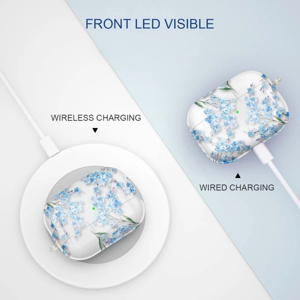 Coque AirPods Pro 3 - Transparente imprimé floral avec porte-clés et protection pour étui de charge en silicone - Bleu