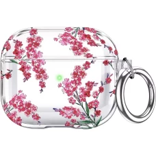 Coque AirPods Pro 3 - Transparente imprimé floral avec porte-clés et protection pour étui de charge en silicone - Rouge