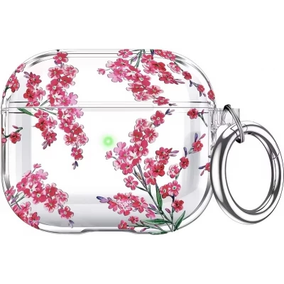 Coque AirPods Pro 3 - Transparente imprimé floral avec porte-clés et protection pour étui de charge en silicone - Rouge