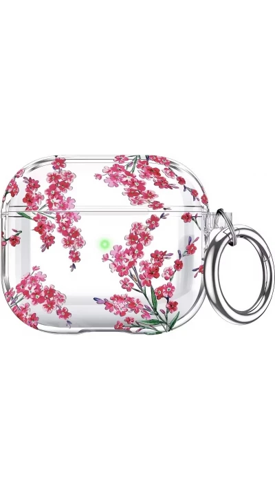 Coque AirPods Pro 3 - Transparente imprimé floral avec porte-clés et protection pour étui de charge en silicone - Rouge